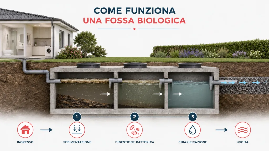 infografica su come funziona una fossa biologica