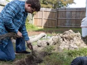 uomo che elimina radici di albero nelle vicinanze della fognatura