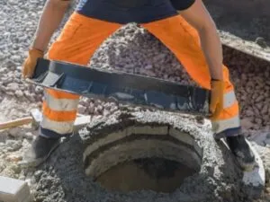 Operai posizionano il coperchio su un pozzetto di un impianto fognario a norma.