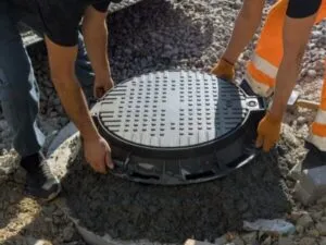 Due lavoratori installano il coperchio di un pozzetto in un impianto fognario a norma.