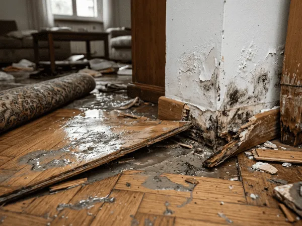 Danni strutturali post-allagamento: parquet sollevato, battiscopa divelto e formazione di muffa nera sulla base della parete.