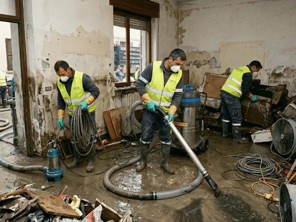 intervento di bonifica post alluvione in casa con aspirazione acqua e sanificazione